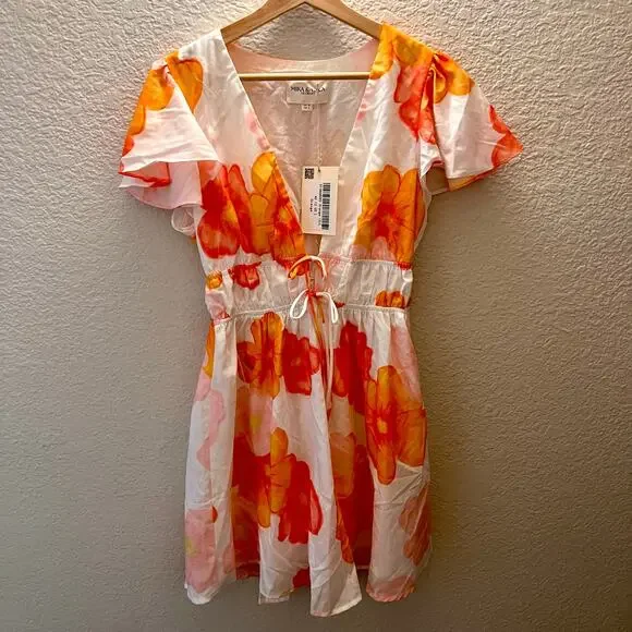 Hello Molly Floral Mini Dress Orange Pink Tie Front Boho Cottagecore L - Picture 4 of 11